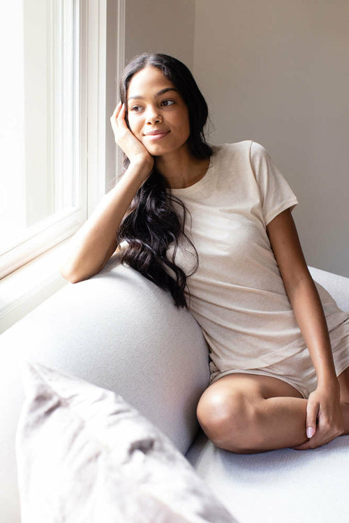 Orchid Tartarus PIMA Basic Tee Short Set sleepwear in caramel brown, featuring soft short-sleeve top and matching shorts.