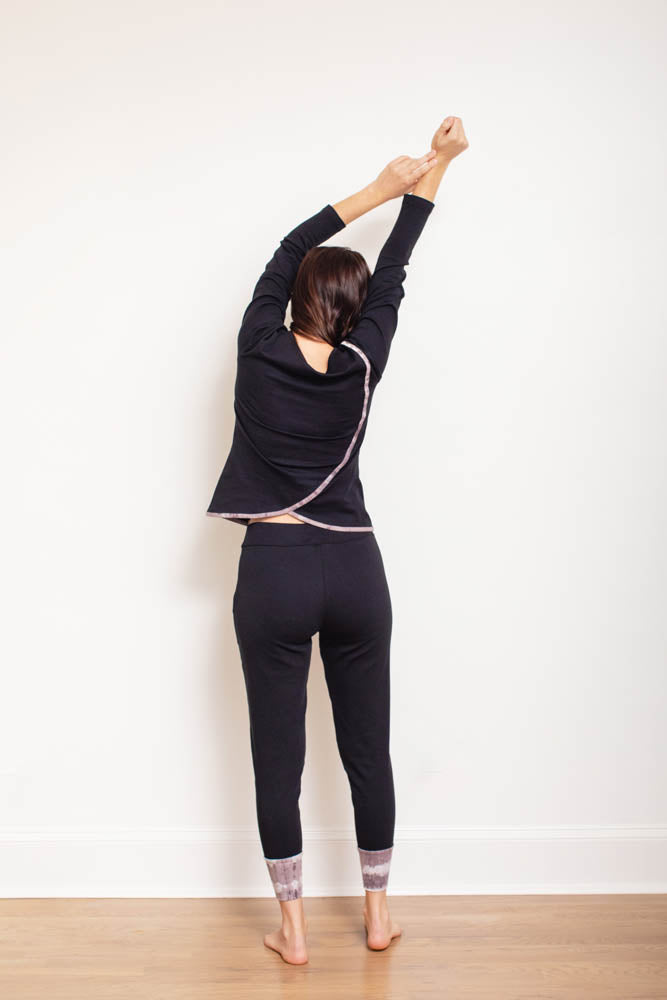Black Pima long sleeve jogger set by Orchid Tartarus, sleepwear with comfortable long sleeves and relaxed fit.