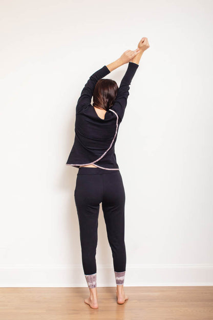 Black Pima long sleeve jogger set by Orchid Tartarus, sleepwear with comfortable long sleeves and relaxed fit.