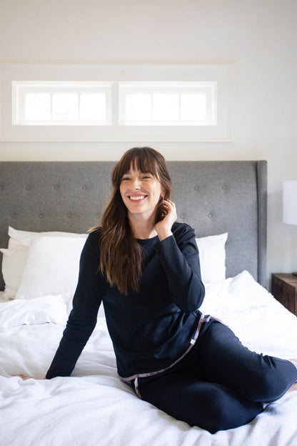 Black Pima long sleeve jogger set by Orchid Tartarus, featuring a comfortable sleepwear outfit with long sleeves and jogger pants.