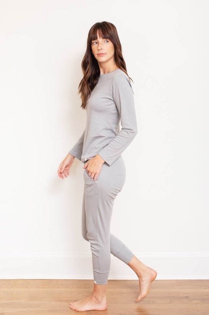 Orchid Tartarus Pima long sleeve jogger set in steel blue, cozy sleepwear with long sleeves and matching jogger pants.