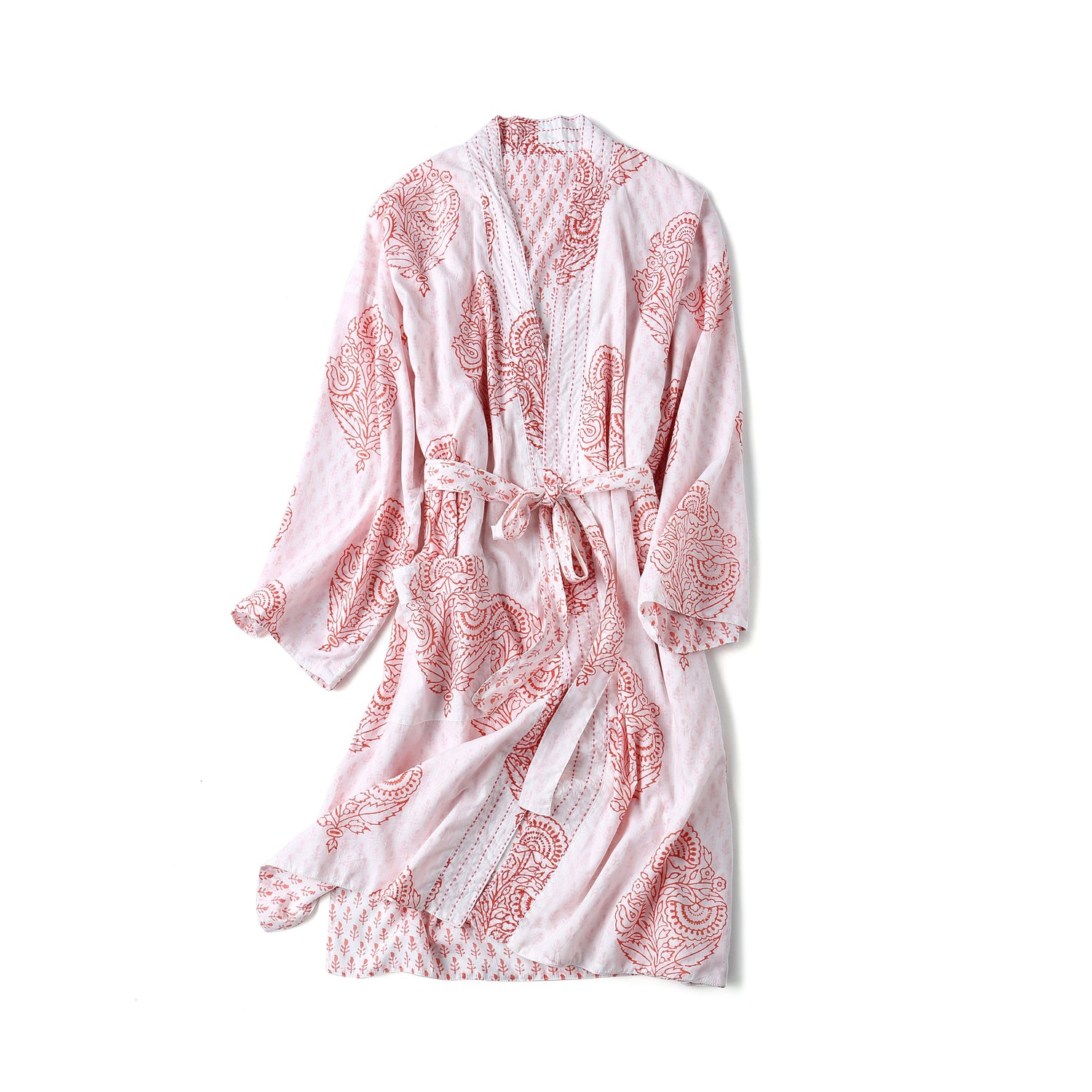 Pink City block-printed robe by Ivory Meleager, soft pink maternity and nursing robe with traditional design details.