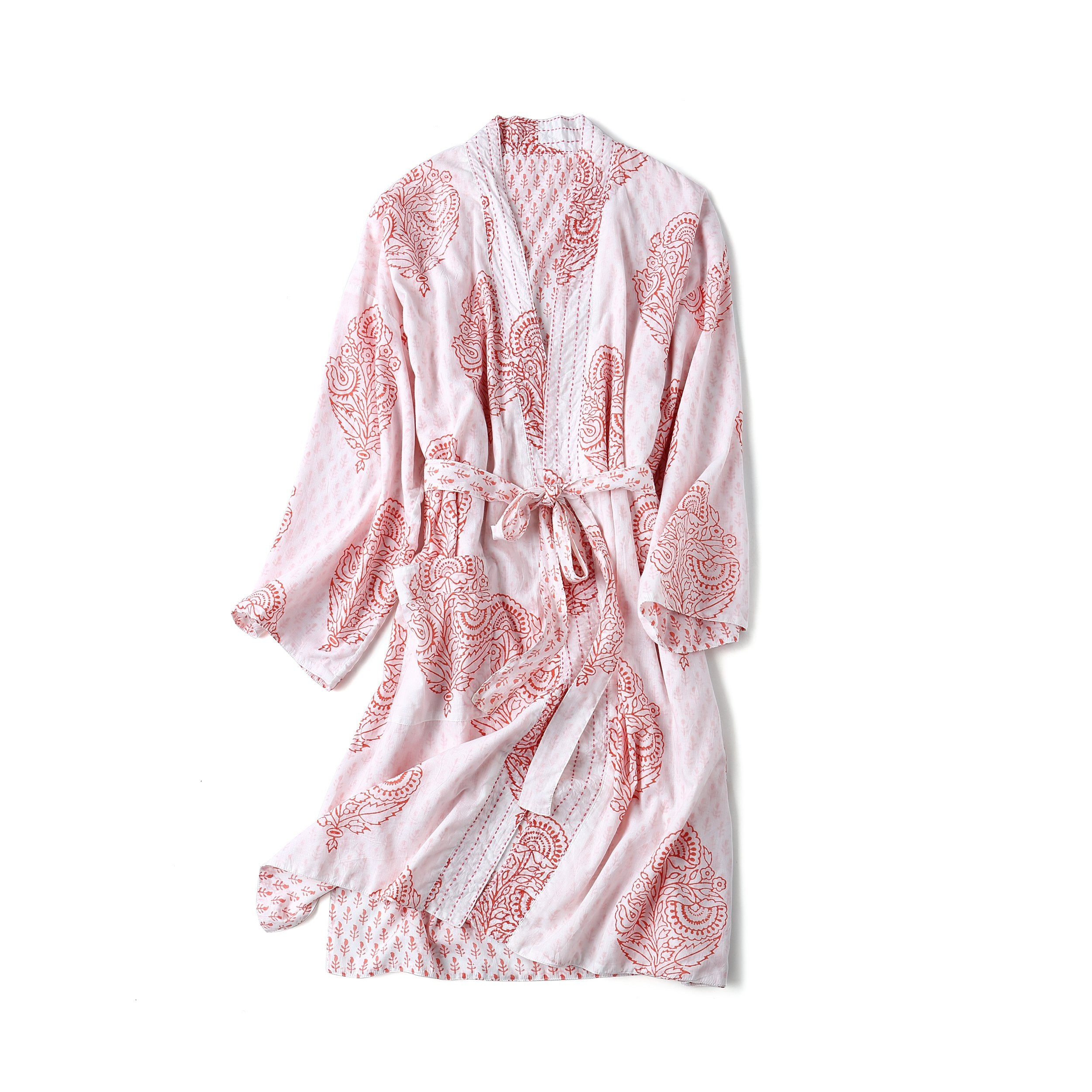 Pink City block-printed robe by Ivory Meleager, soft pink maternity and nursing robe with traditional design details.