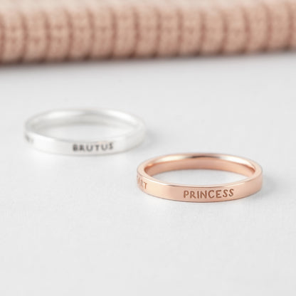 Pet memorial ring by Green Millie featuring a personalized pet name design, ideal as a pet loss or dog and cat mom gift.