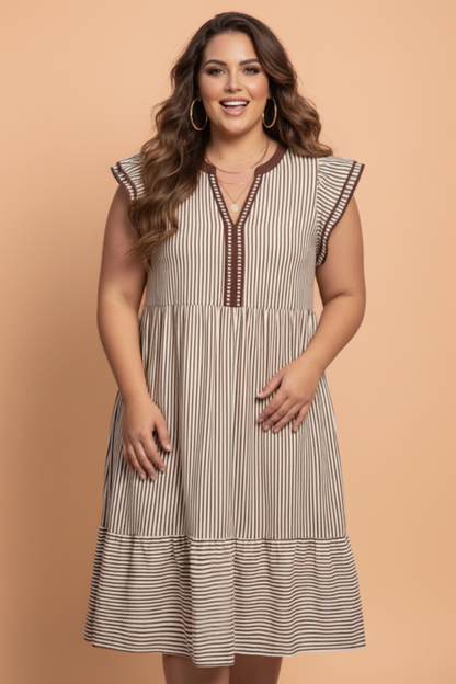 Plus size stripe flutter sleeve V-neck maxi dress by Byzantium Bay, flowing fabric, and stylish design perfect for casual wear.