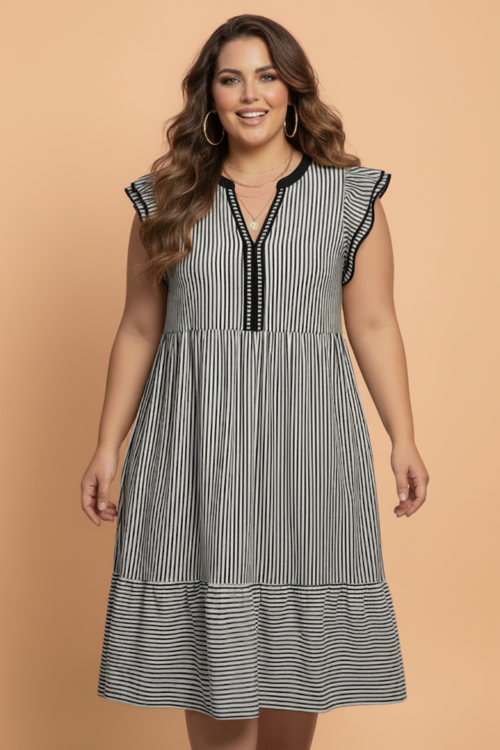 Plus size stripe flutter sleeve V-neck maxi dress by Byzantium Bay, flowing design with colorful horizontal stripes.