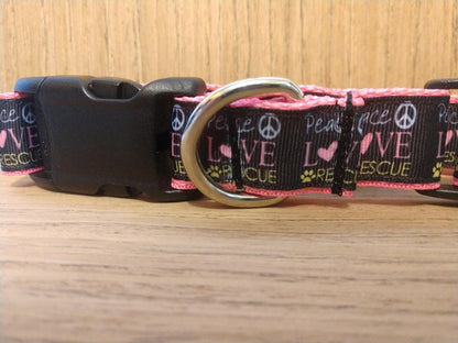 Large pink collar with "Peace Love and Rescue" design from Green Thalassa, featuring a soft, durable material for pets.