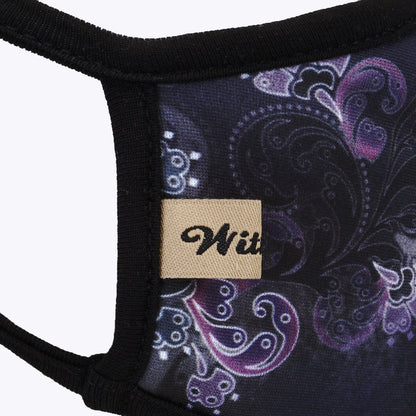 Olive Crius Purpler DaCover 3-layered face cover for women, showing purple fabric with adjustable ear loops and decorative design.