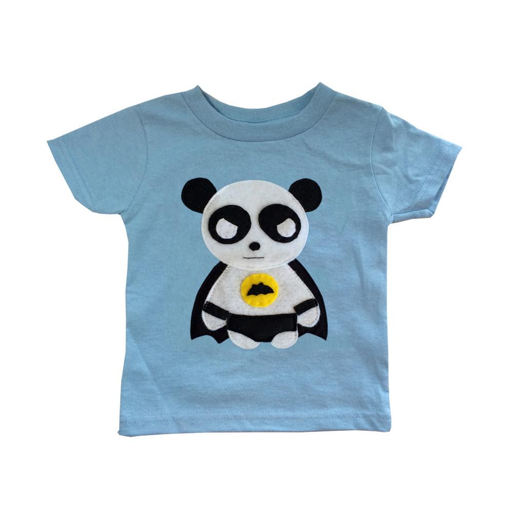 Kids superhero shirt featuring a flying panda from Sky Blue Milo&