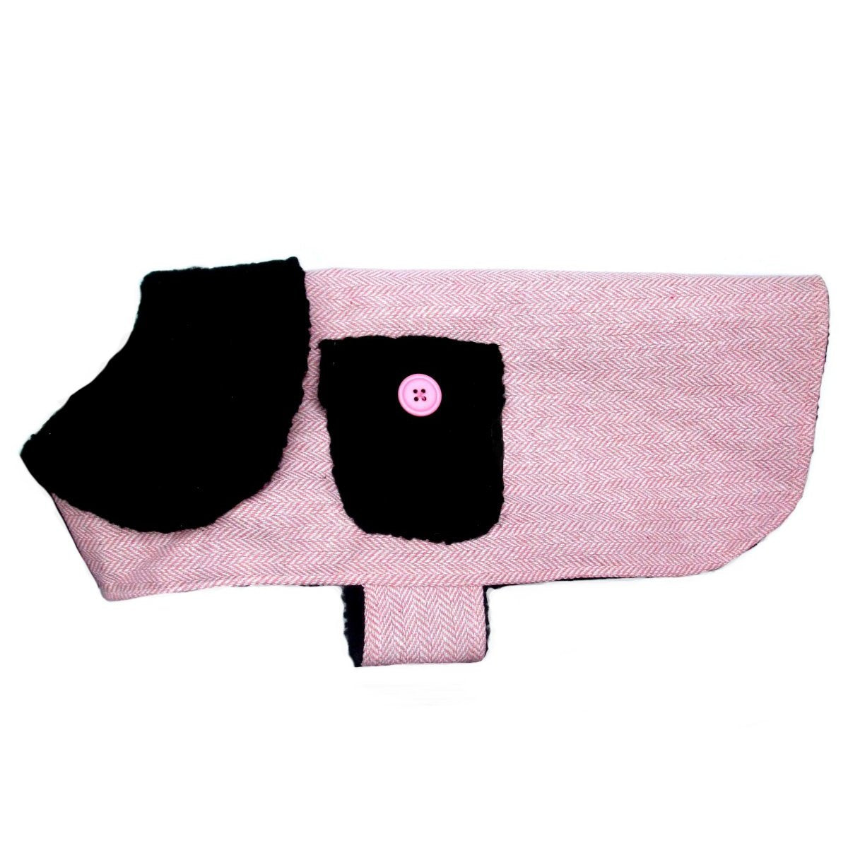 Pink herringbone dog coat by Salmon Oscar, stylish petwear for dogs with a cozy, fashionable design.