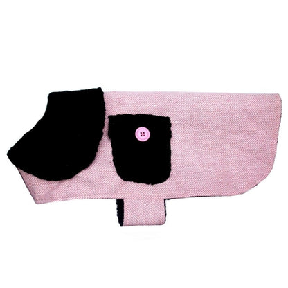 Pink herringbone dog coat by Salmon Oscar, stylish petwear for small dogs, with a cozy, patterned fabric and adjustable fit.
