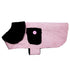 Pink herringbone dog coat by Salmon Oscar, stylish petwear for small dogs, with a cozy, patterned fabric and adjustable fit.