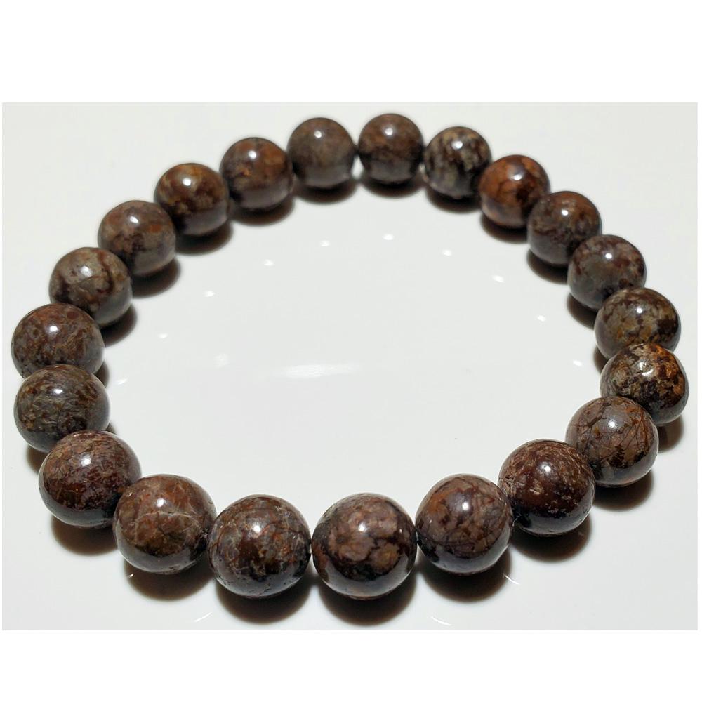 Silver Hestia 8mm petrified wood beaded elastic stretch bracelet showing polished natural stone beads