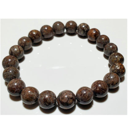 Silver Hestia 8mm petrified wood beaded elastic stretch bracelet showing polished natural stone beads