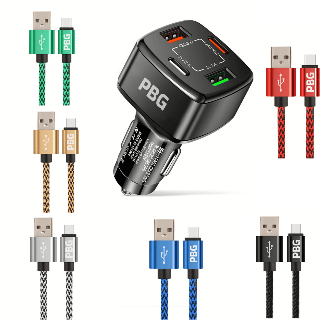 Fuchsia Electra 4-Port PD/USB car charger with a 10ft Zebra iPhone charging cable, mobile and laptop accessories bundle.