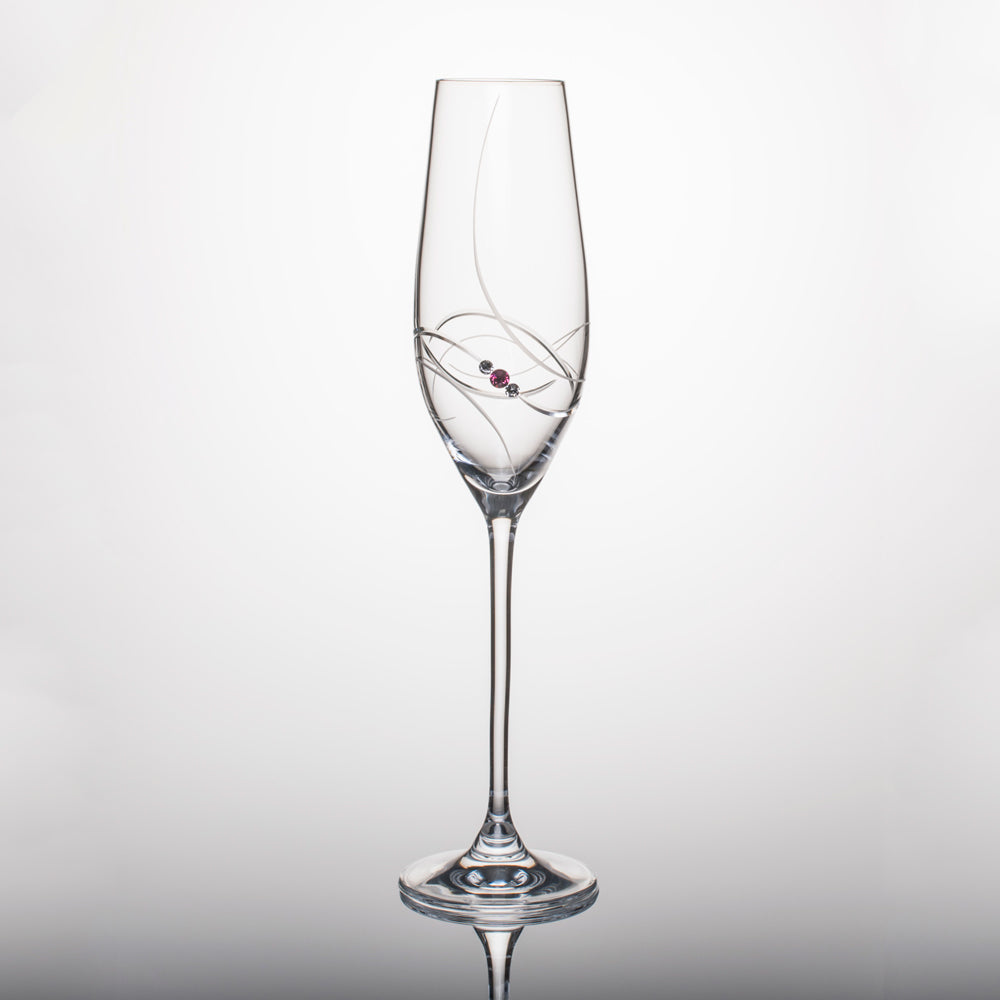 Two pink ribbon champagne glasses from Crimson Shadow, elegant drinkware set in a gift box, perfect for celebrations.