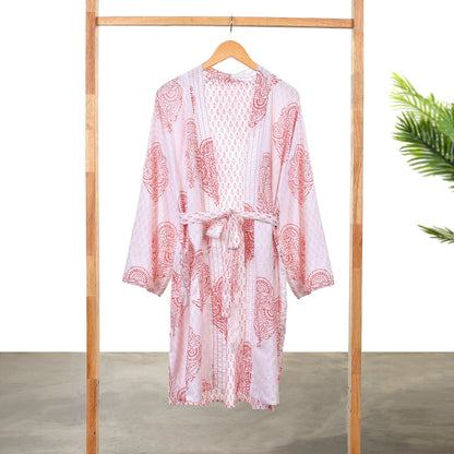 Pink block-printed robe from Pink City by Ivory Meleager, featuring vibrant traditional patterns for gifts or casual wear.