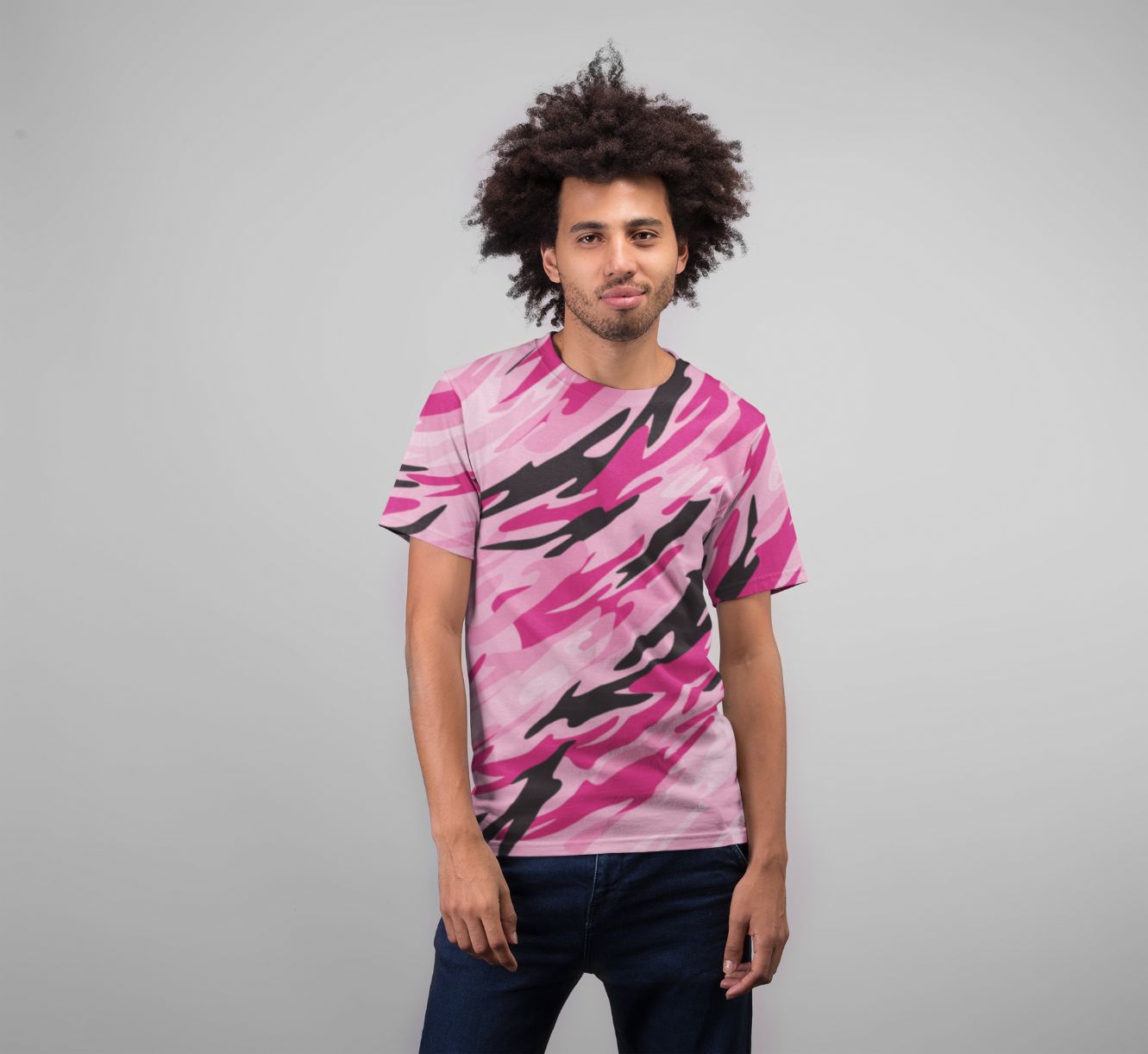 Pink camo sublimation adult T-shirt by Sky Felix featuring a vibrant pink camouflage pattern and classic T-shirt style.