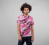 Pink camo sublimation adult T-shirt by Sky Felix featuring a vibrant pink camouflage pattern and classic T-shirt style.