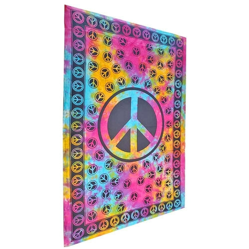 Pink tie-dye peace sign tapestry wall hanging coverlet from Silver Hestia, showcasing vibrant colors and bohemian style.