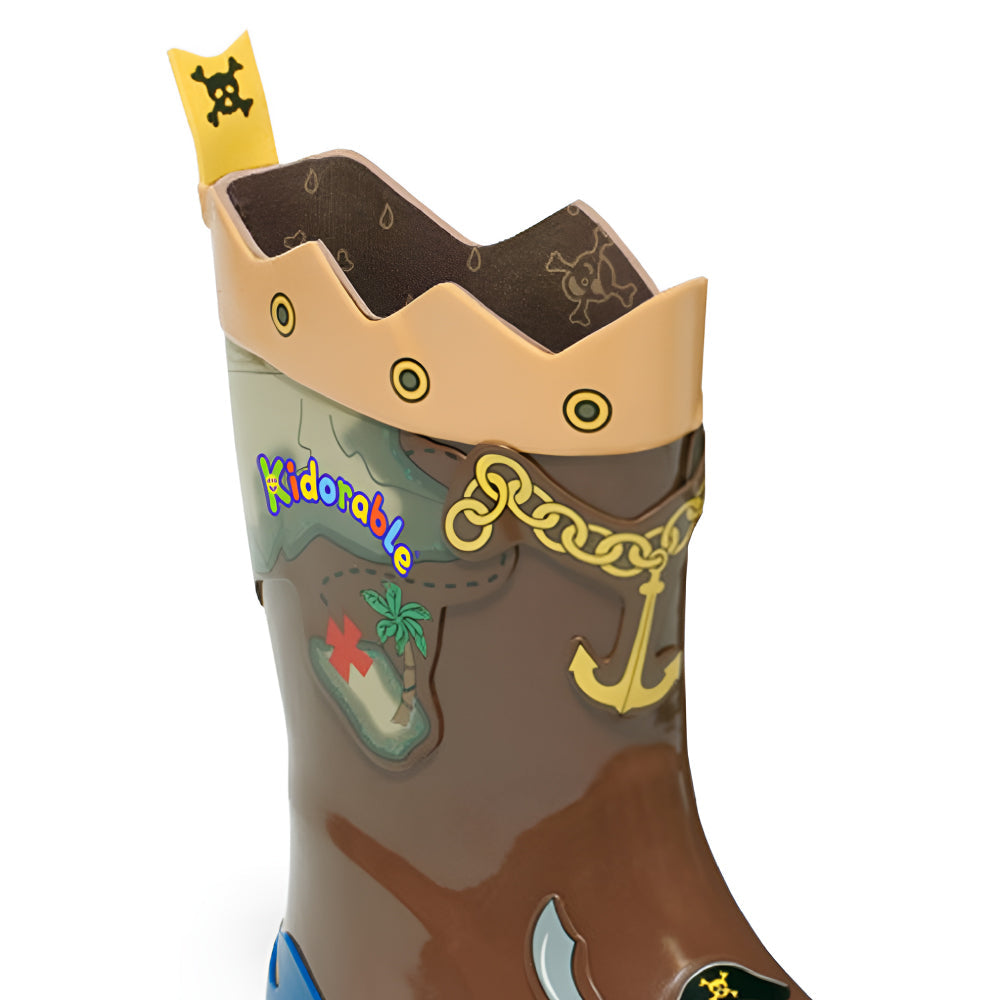 Kids pirate rain boots by Magenta Ash, top view showing colorful pirate design and waterproof rubber material for kids and babies.