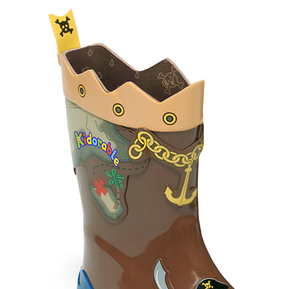 Kids pirate rain boots by Magenta Ash, top view showing colorful pirate design and waterproof rubber material for kids and babies.