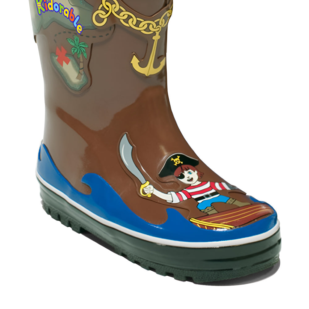 Kids pirate rain boots by Magenta Ash featuring a colorful pirate design, shown from the front view.
