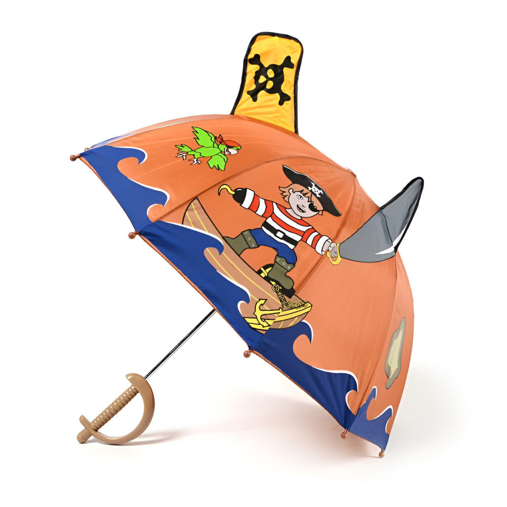 Kids pirate umbrella by Magenta Ash featuring a colorful pirate design, shown open with a curved handle.