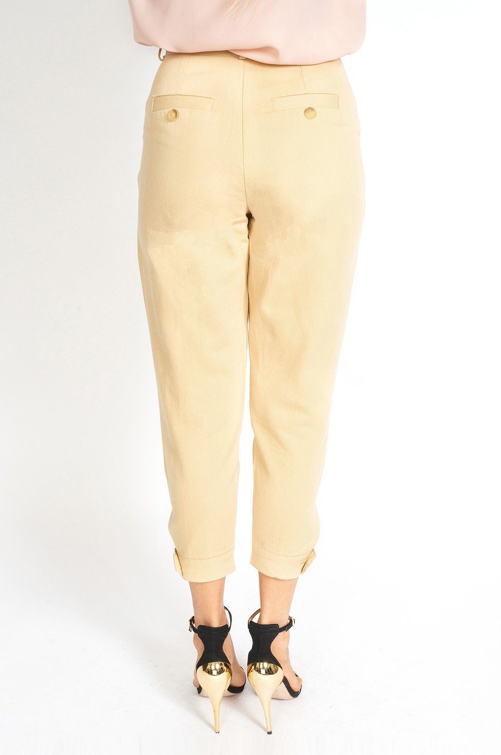 Light beige pleated capri pants for women by Azure Thanatos, featuring a stylish and comfortable fit.