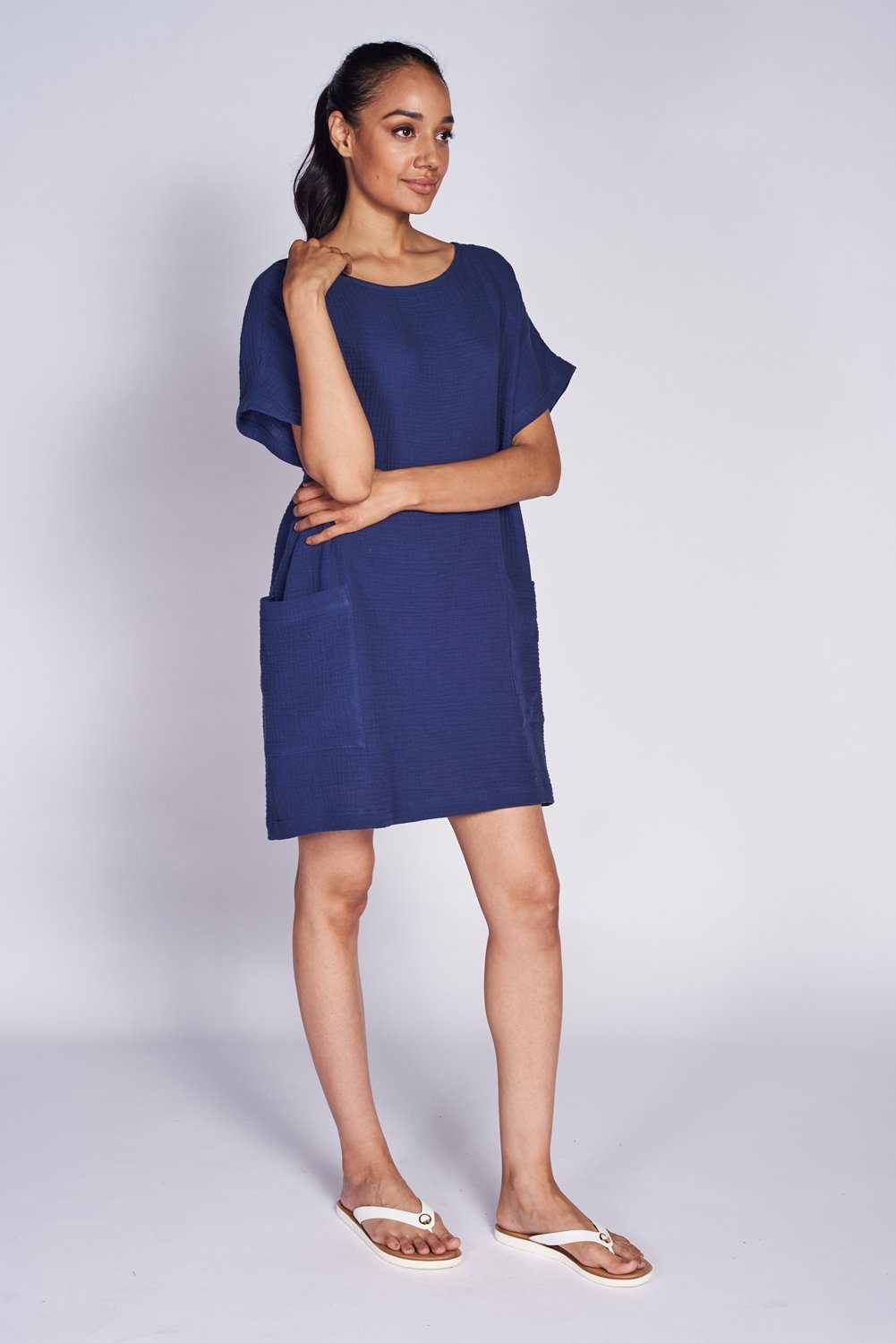 Navy double-face cotton pocket shift dress for women by Purple Mango, featuring a relaxed fit and side pockets.