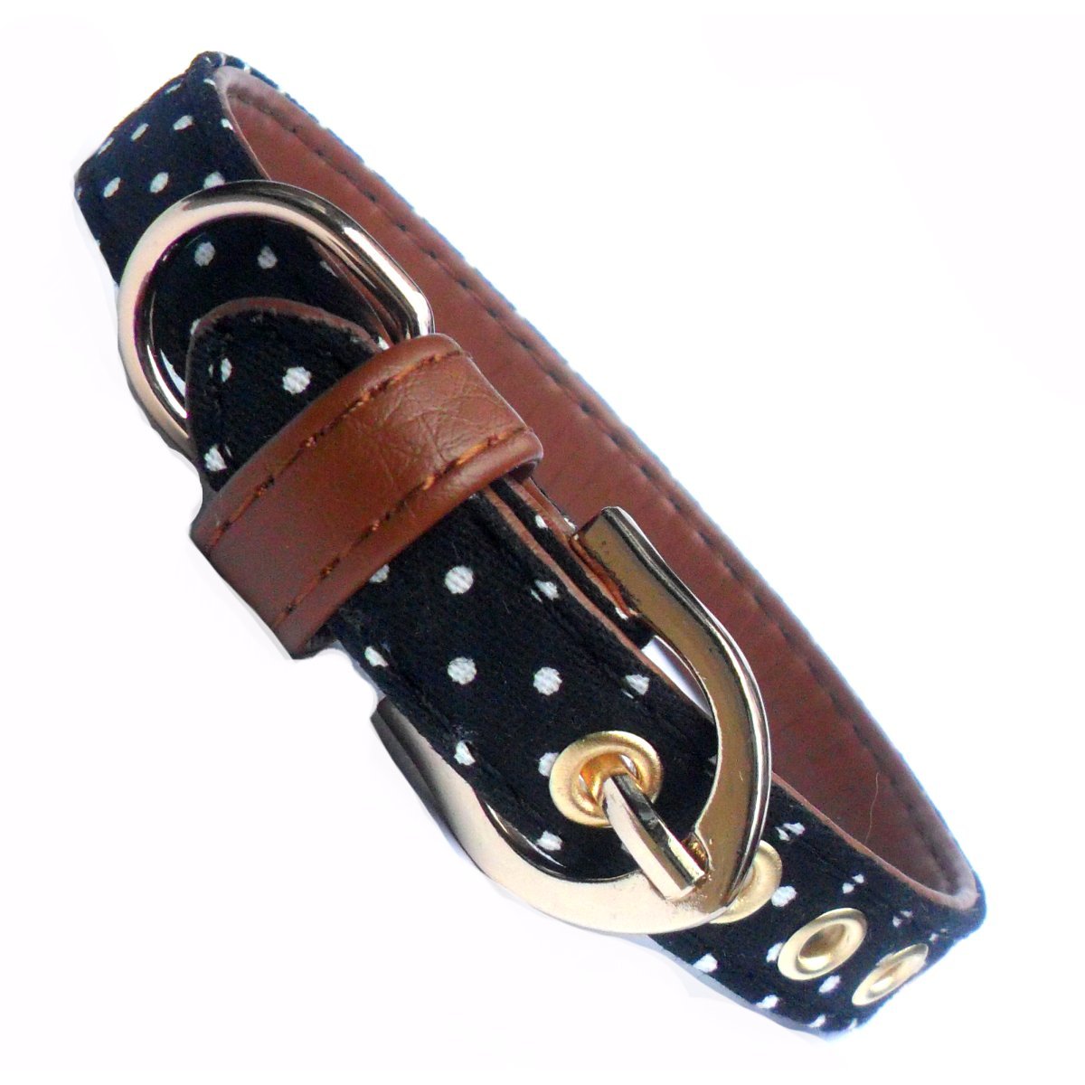Salmon Oscar polka dot fabric dog collar with faux leather accents, adjustable petwear for small to medium dogs.