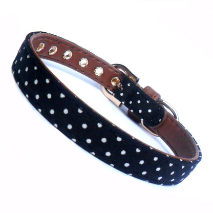 Salmon Oscar polka dot fabric dog collar with faux leather accents, adjustable pet collar for small to medium dogs.