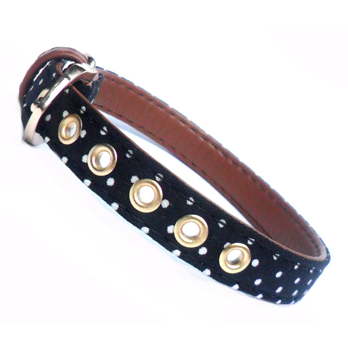 Salmon Oscar polka dot fabric dog collar with faux leather accents, adjustable for small to medium-sized pets.