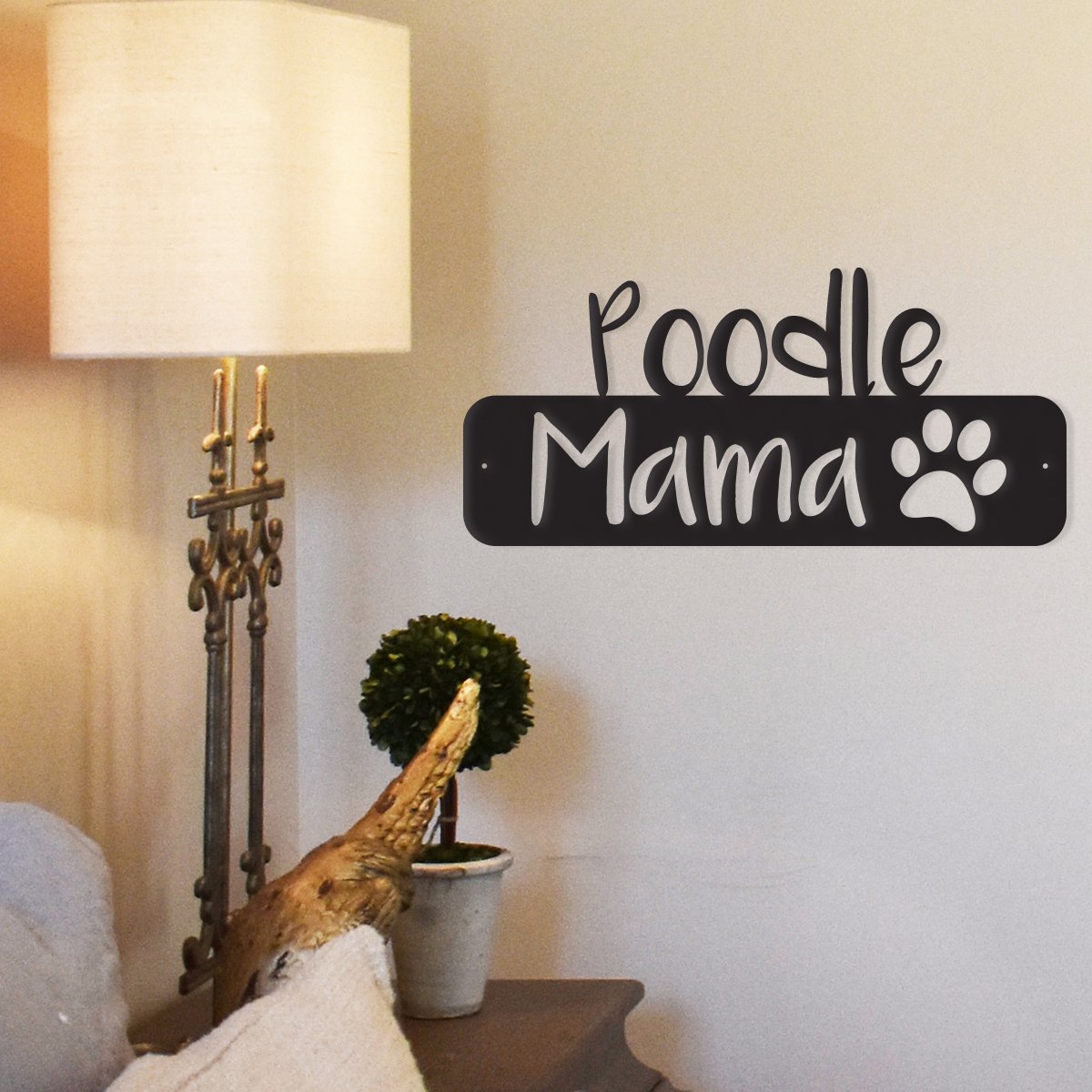Canis Minor Dog Mama metal wall art featuring a poodle silhouette, decorative home and garden wall decor piece.