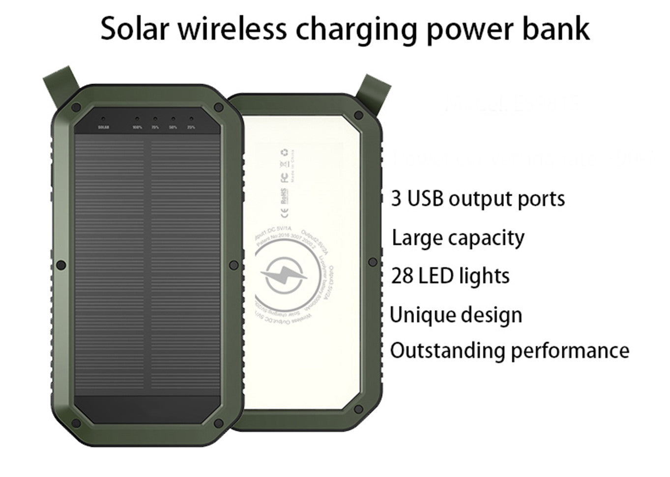Salmon Lucky Sun Chaser Mini Solar Power Bank with 10,000mAh capacity, wireless phone charger, and compact design.