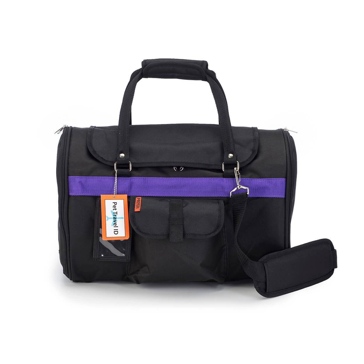 Black and purple Pink Coconut 312 Hideaway™ Duffel pet carrier with mesh ventilation and handle, front view for easy transport.