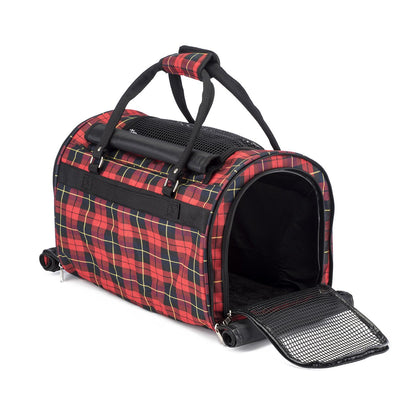 Pink Coconut 312 Hideaway™ Duffel pet carrier in red plaid, open back view showing mesh ventilation and spacious interior for pets.