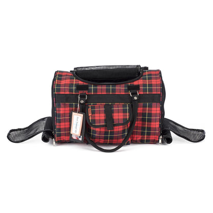 Pink Coconut 312 Hideaway™ Duffel pet carrier in red plaid, front view showing open top and breathable mesh sides for pets.