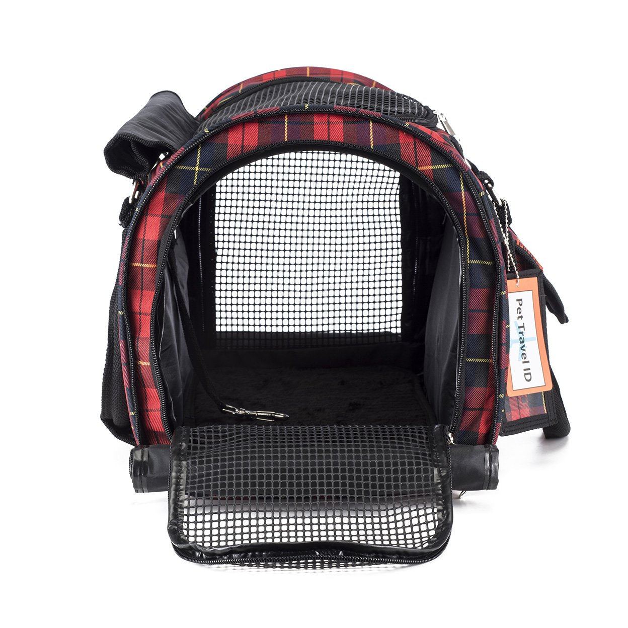 Red plaid Pink Coconut 312 Hideaway™ Duffel pet carrier, inside view showing mesh ventilation and cozy space for pets.