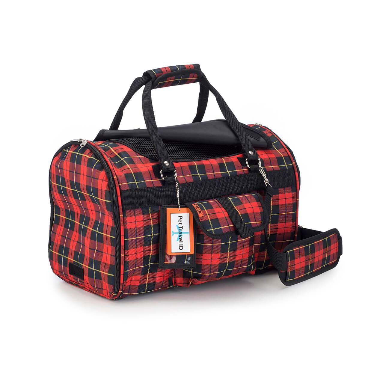 Pink Coconut 312 Hideaway™ Duffel pet carrier in red plaid, side view showing fully closed design for pets.