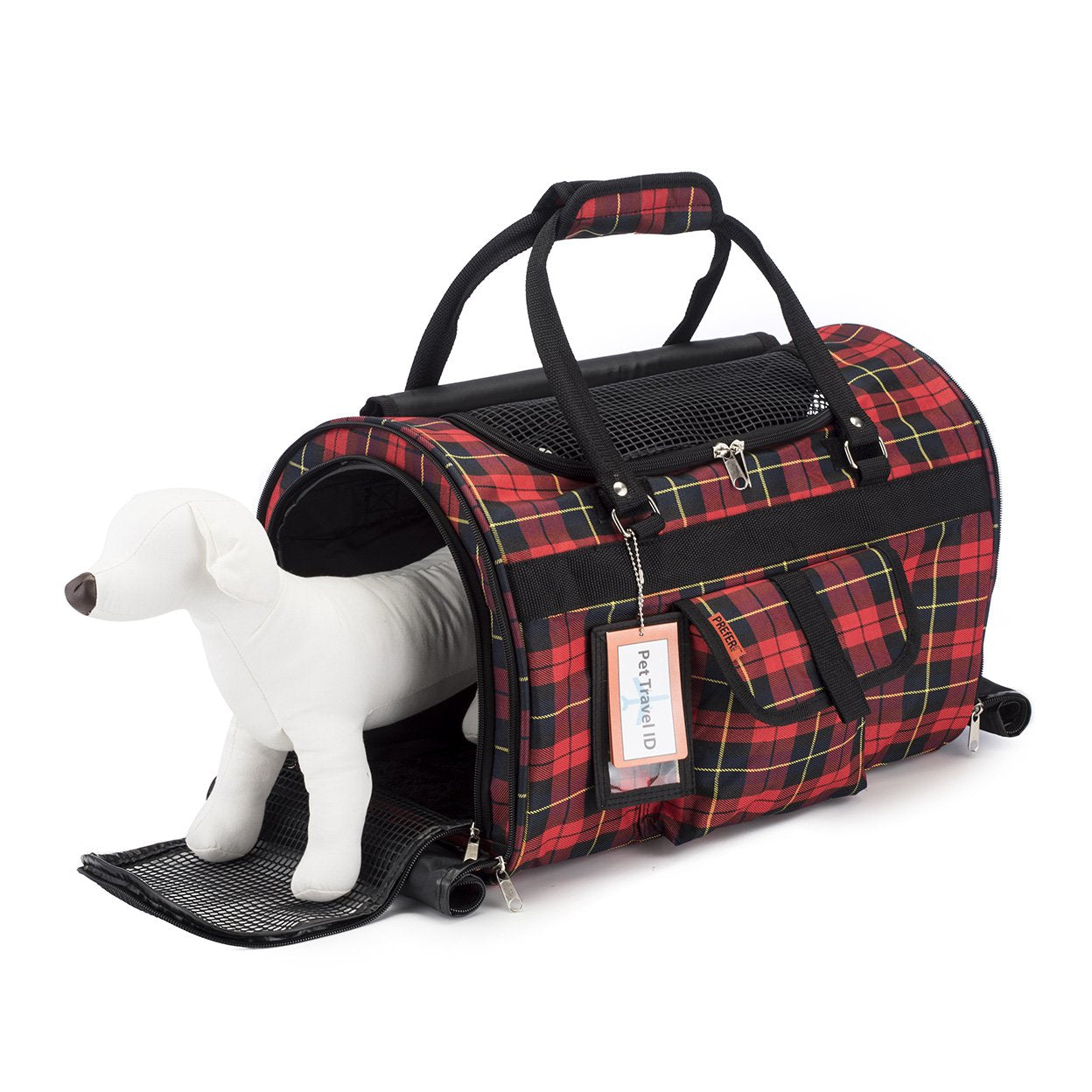Pink Coconut 312 Hideaway™ Duffel pet carrier in red plaid, shown open with pet inside, side view for easy travel and comfort.