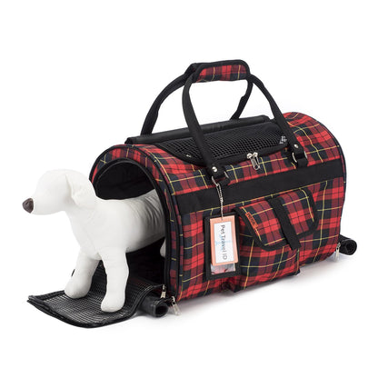 Pink Coconut 312 Hideaway™ Duffel pet carrier in red plaid, shown open with pet inside, side view for easy travel and comfort.