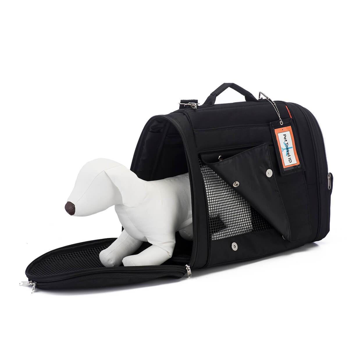 Black Pink Coconut 358 Hideaway™ Backpack pet carrier with side open design, showing a dog inside from the front side view.