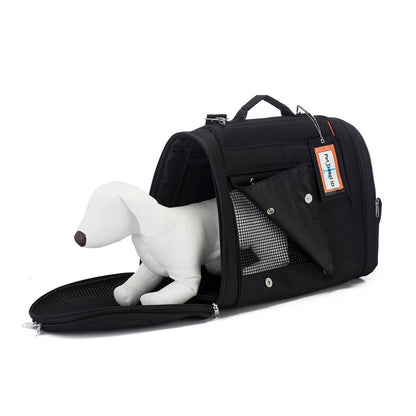 Black Pink Coconut 358 Hideaway™ Backpack pet carrier with side open design, showing a dog inside from the front side view.