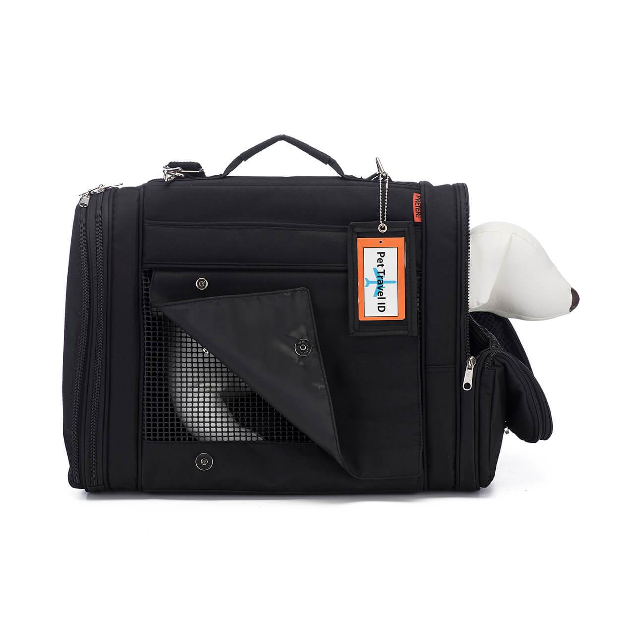 Black Pink Coconut 358 Hideaway™ Backpack pet carrier with mesh windows and zipper closure, featuring a small dog inside.