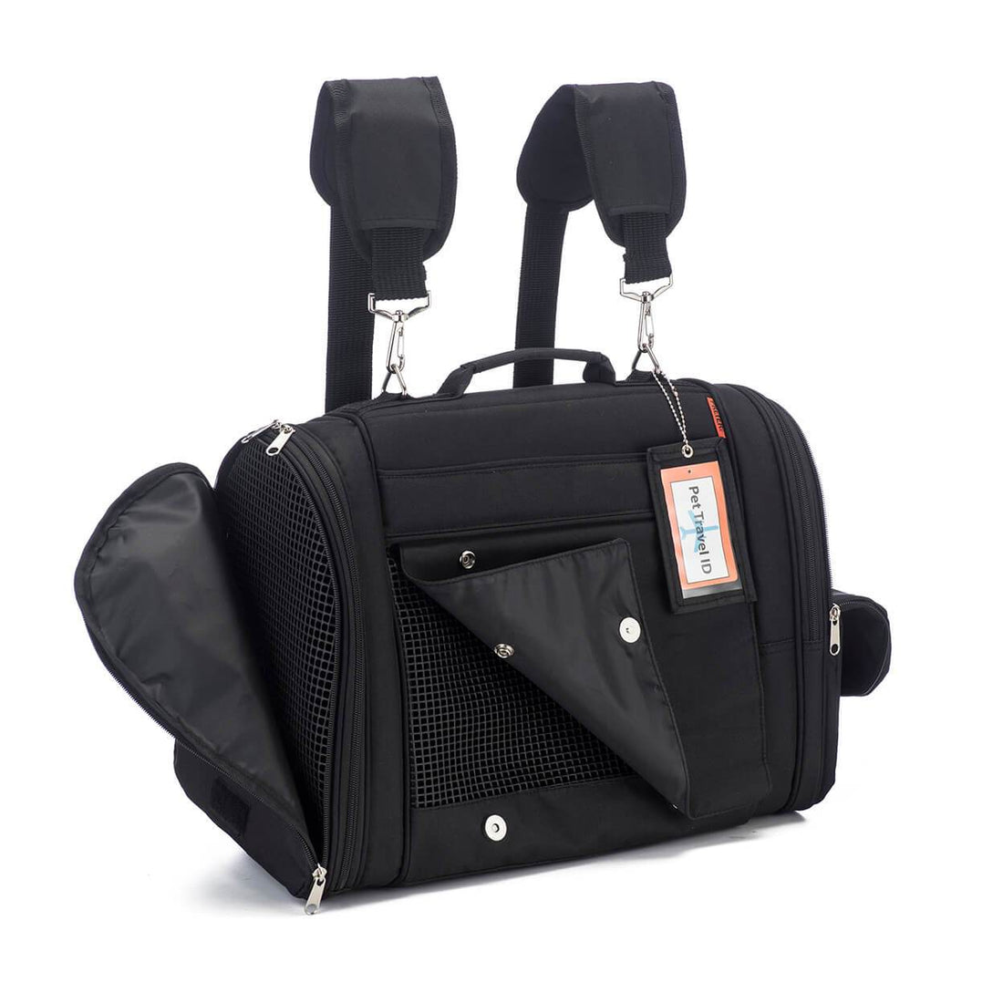 Pink Coconut 358 Hideaway™ Pet Carrier backpack in black, showing side and partial front view with mesh ventilation and carry handles.