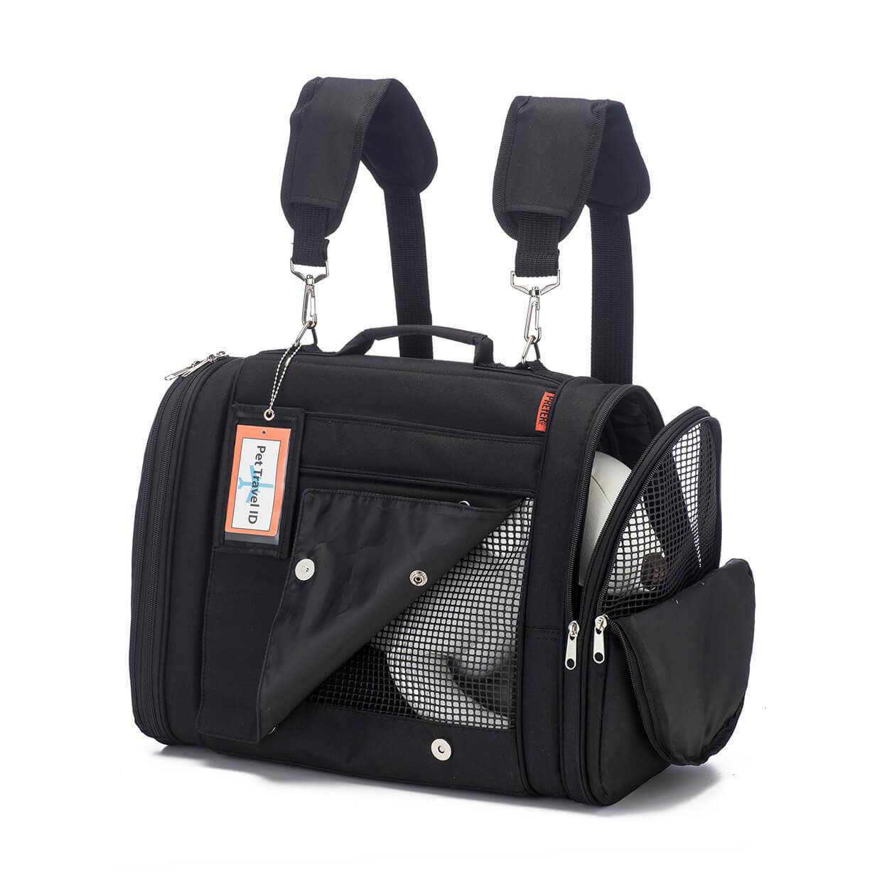 Pink Coconut 358 Hideaway™ backpack pet carrier showing black mesh side view, designed for comfortable pet travel and carrying.