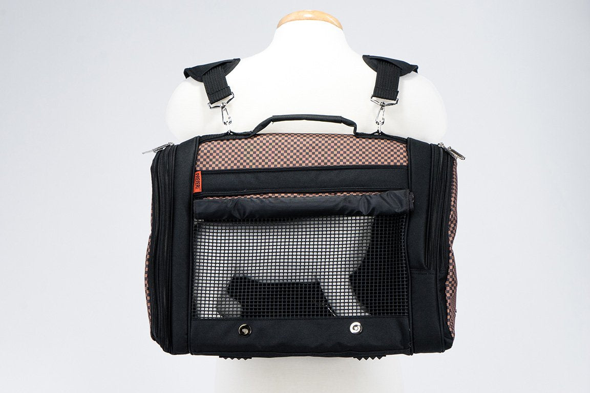 Pink Coconut 358 Hideaway™ Backpack pet carrier in brown checkers, shown in use with a pet inside for comfortable travel.