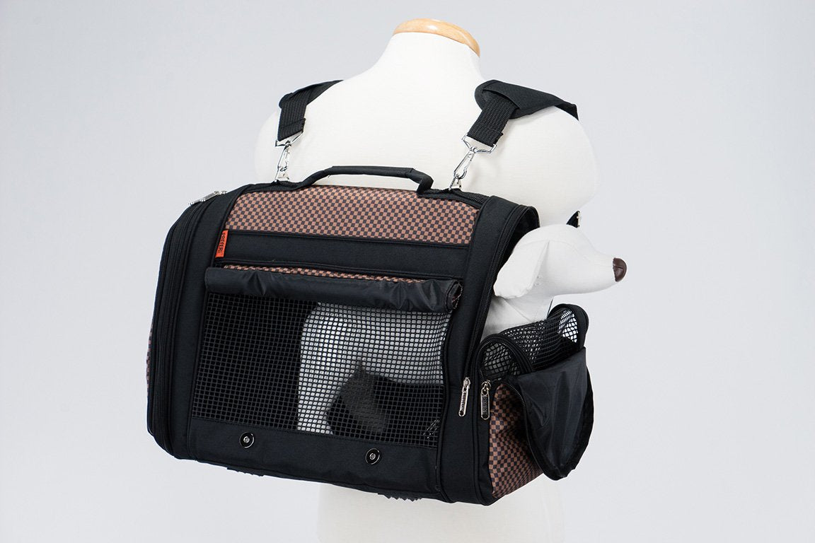Brown checkered Pink Coconut 358 Hideaway™ Backpack pet carrier shown in use, with side view of the pet inside the backpack.