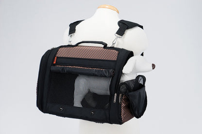 Brown checkered Pink Coconut 358 Hideaway™ Backpack pet carrier shown in use, with side view of the pet inside the backpack.